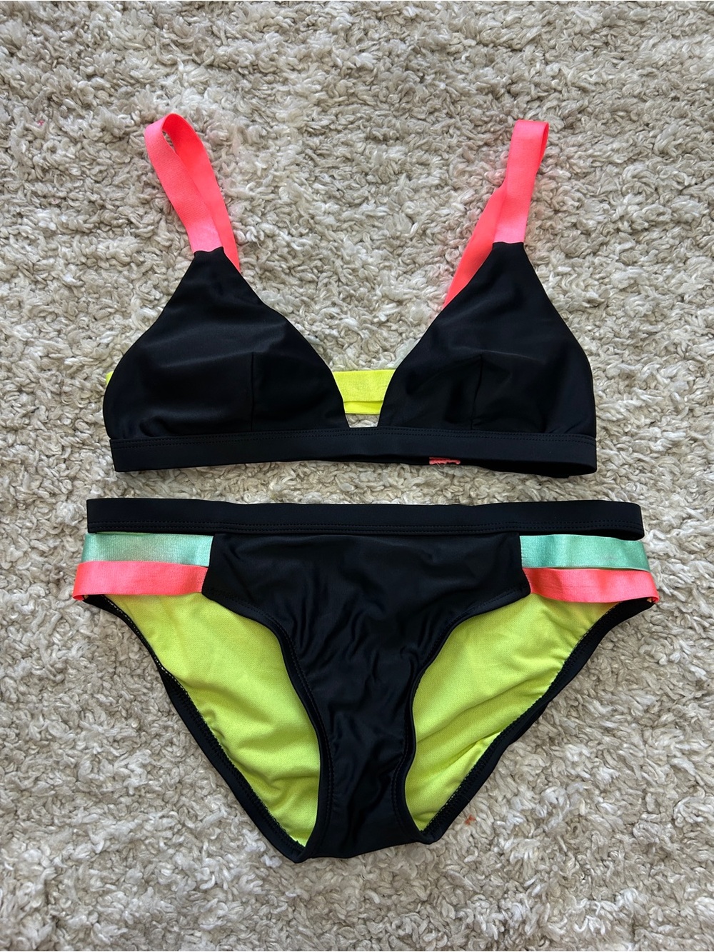 Xhilaration Black Bikini with Neon Pink Straps and Lime Accents